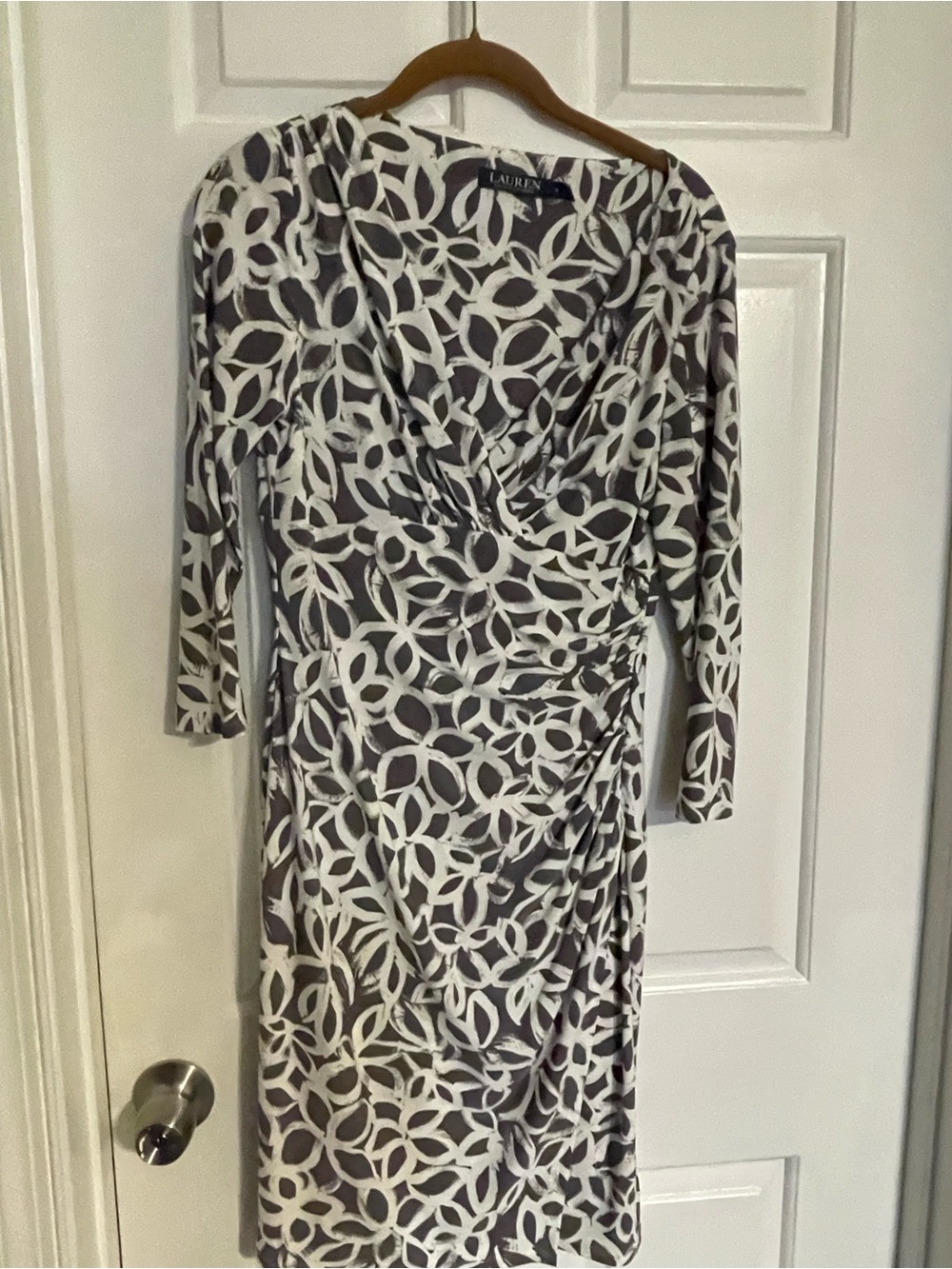 Lauren Ralph Lauren Gray and White Printed Faux Wrap Dress